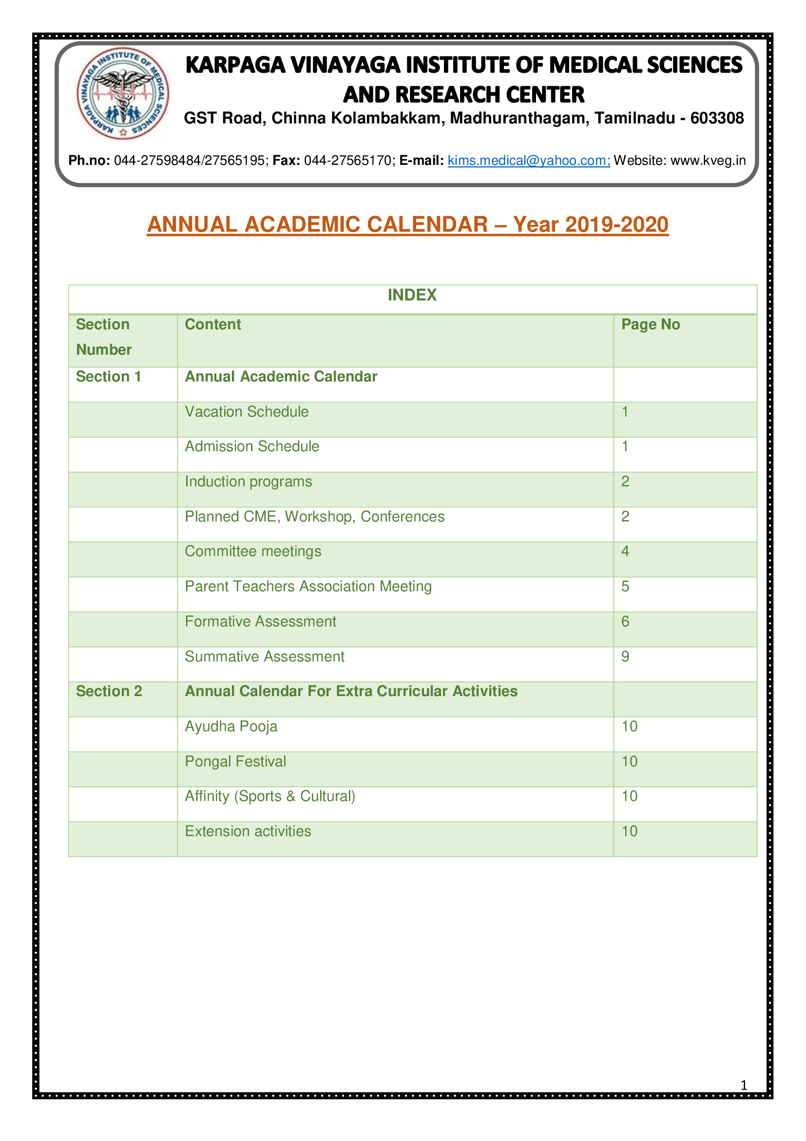 Academic Calendar Karpaga Vinayaga Institute of Medical Sciences and